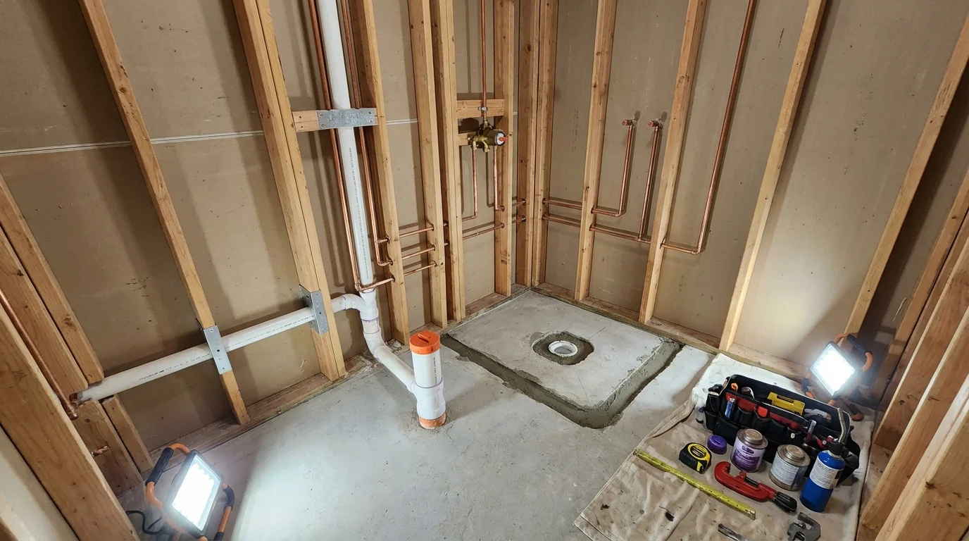 Bathroom rough-in plumbing during remodel by Johns Plumbing LLC in Duxbury
