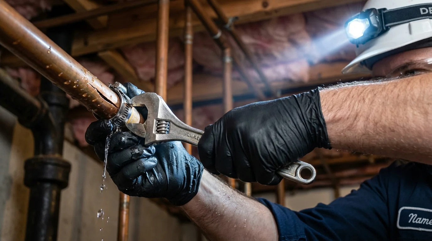 Emergency pipe clamp repair being performed by a Johns Plumbing LLC plumber in Duxbury