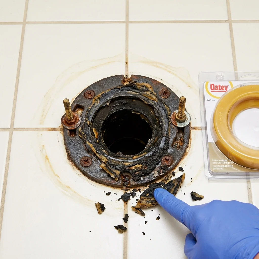 Failed wax ring showing water seepage at the base of a toilet in a Duxbury, MA home