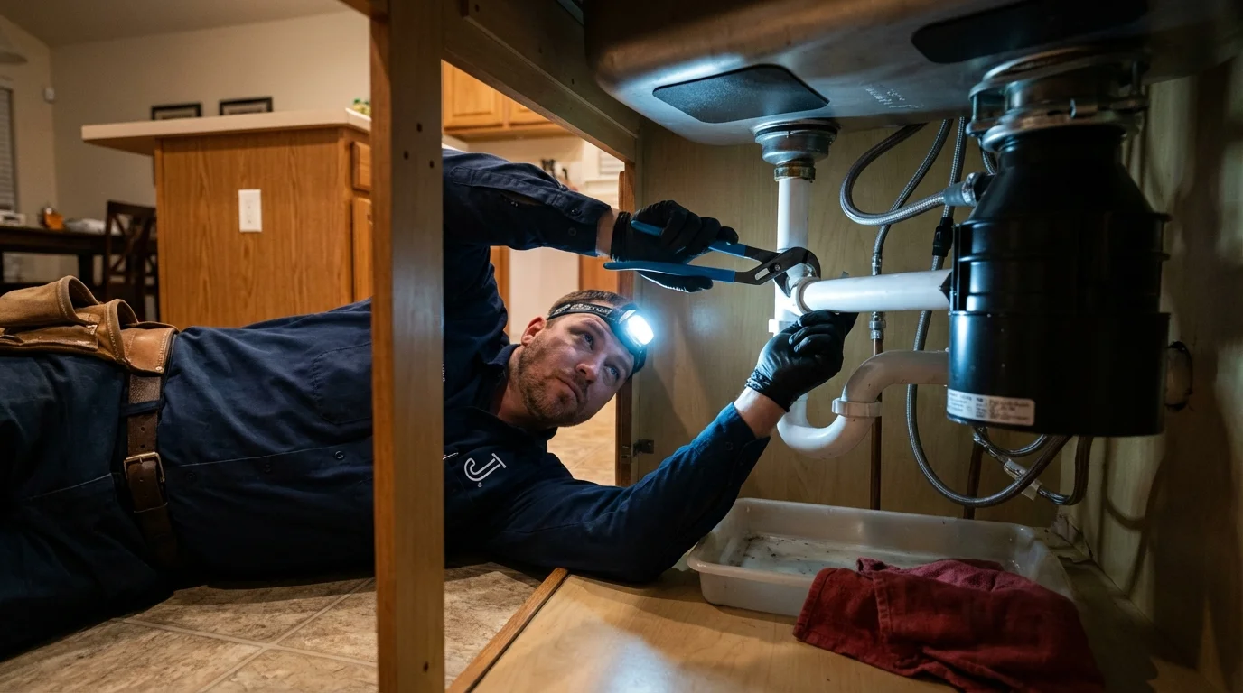 P-trap and supply line connections under a kitchen sink showing a common leak point in Duxbury, MA